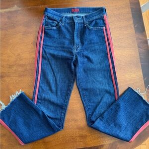 Mother jeans, red stripe, raw hem, size 26.